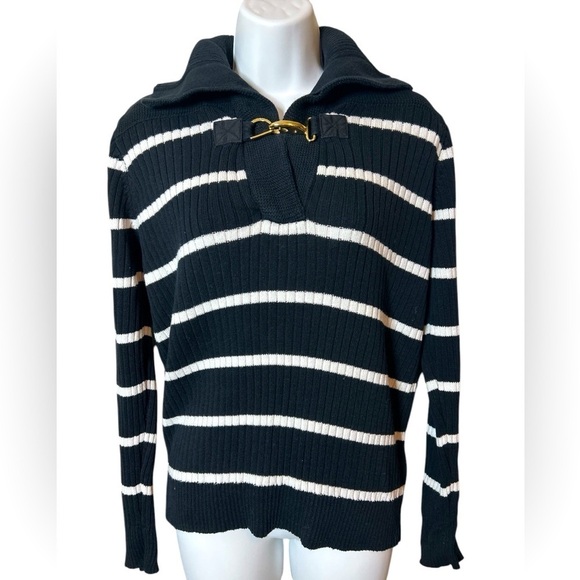 Lauren Ralph Lauren Striped Black White Striped Gold Toggle Sweater Women’s L - Picture 3 of 10